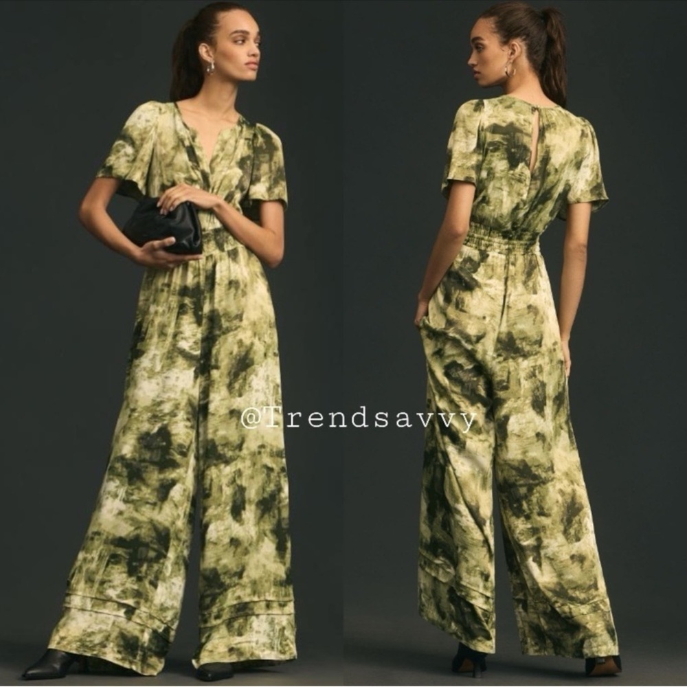 Anthropologie Somerset Olive Green Tie Dye Wide Leg Jumpsuit XS Tall NWT Size